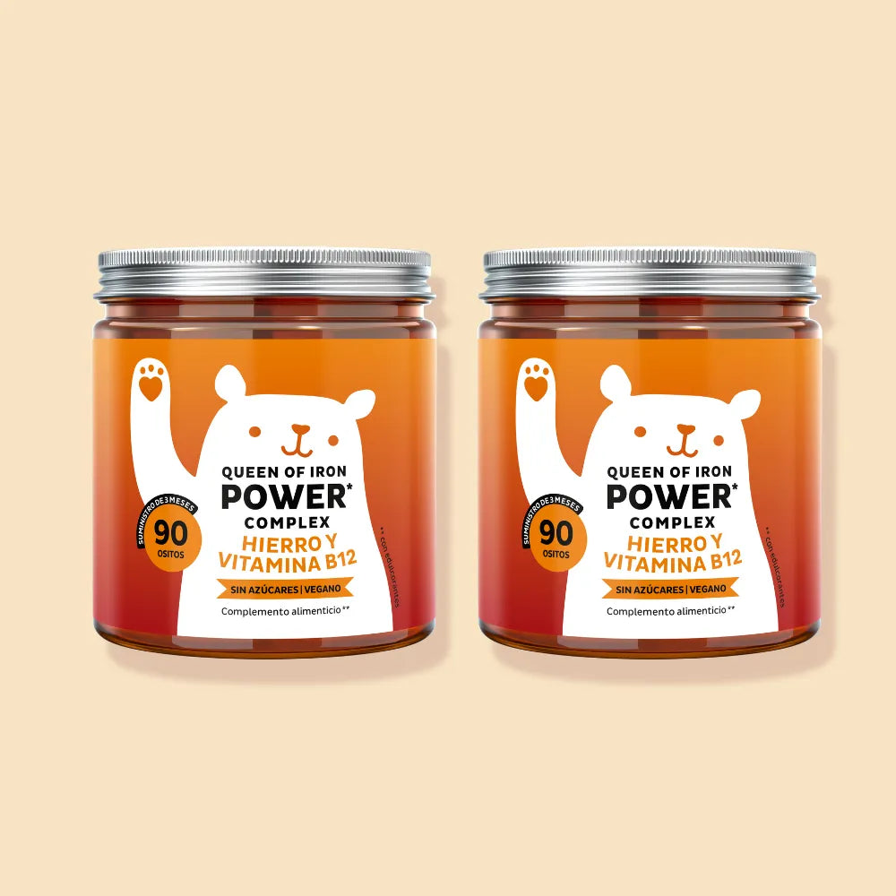 Imagen del pack de 2 botes de las vitaminas Queen of Iron Power de Bears with Benefits, con 180 gominolas en total para un aporte prolongado de hierro.