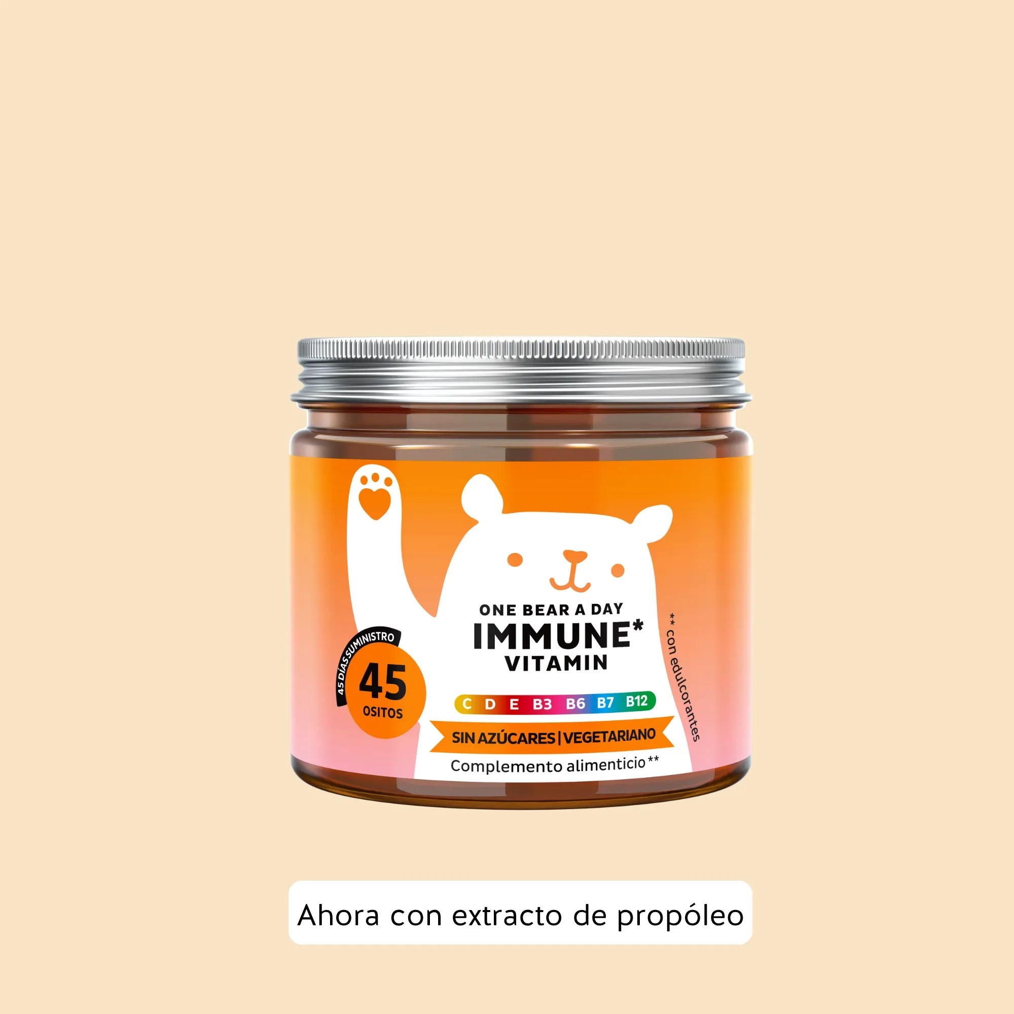 Bears with Benefits One Bear a Day Immune – Gominolas veganas con vitaminas C, D, B6, B12 y extracto de propóleo para reforzar el sistema inmunitario y apoyar las defensas naturales del organismo, 45 ositos sabor naranja.