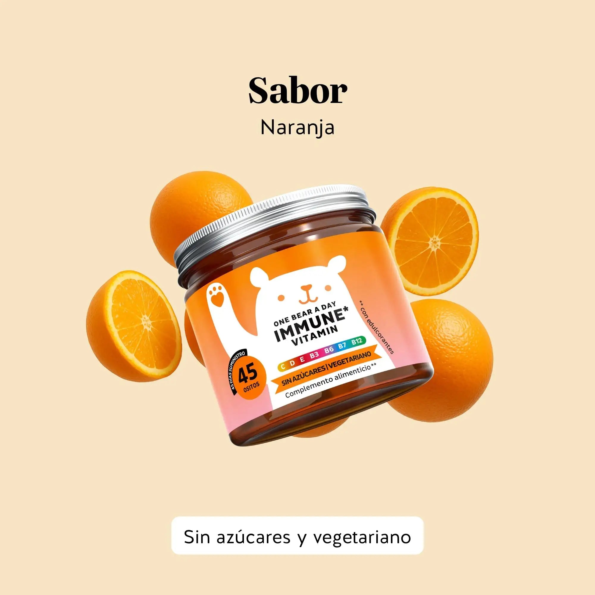Sabor natural a naranja de las gominolas One Bear a Day Immune de Bears with Benefits, agradables y fáciles de consumir. Bote de 45 unidades.