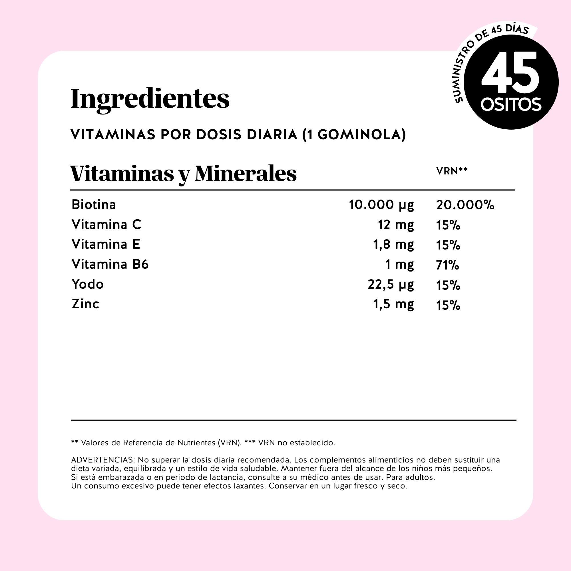 Lista completa de ingredientes y vitaminas de las Ah-Mazing Hair de Bears with Benefits en formato de gominola, con información nutricional detallada.