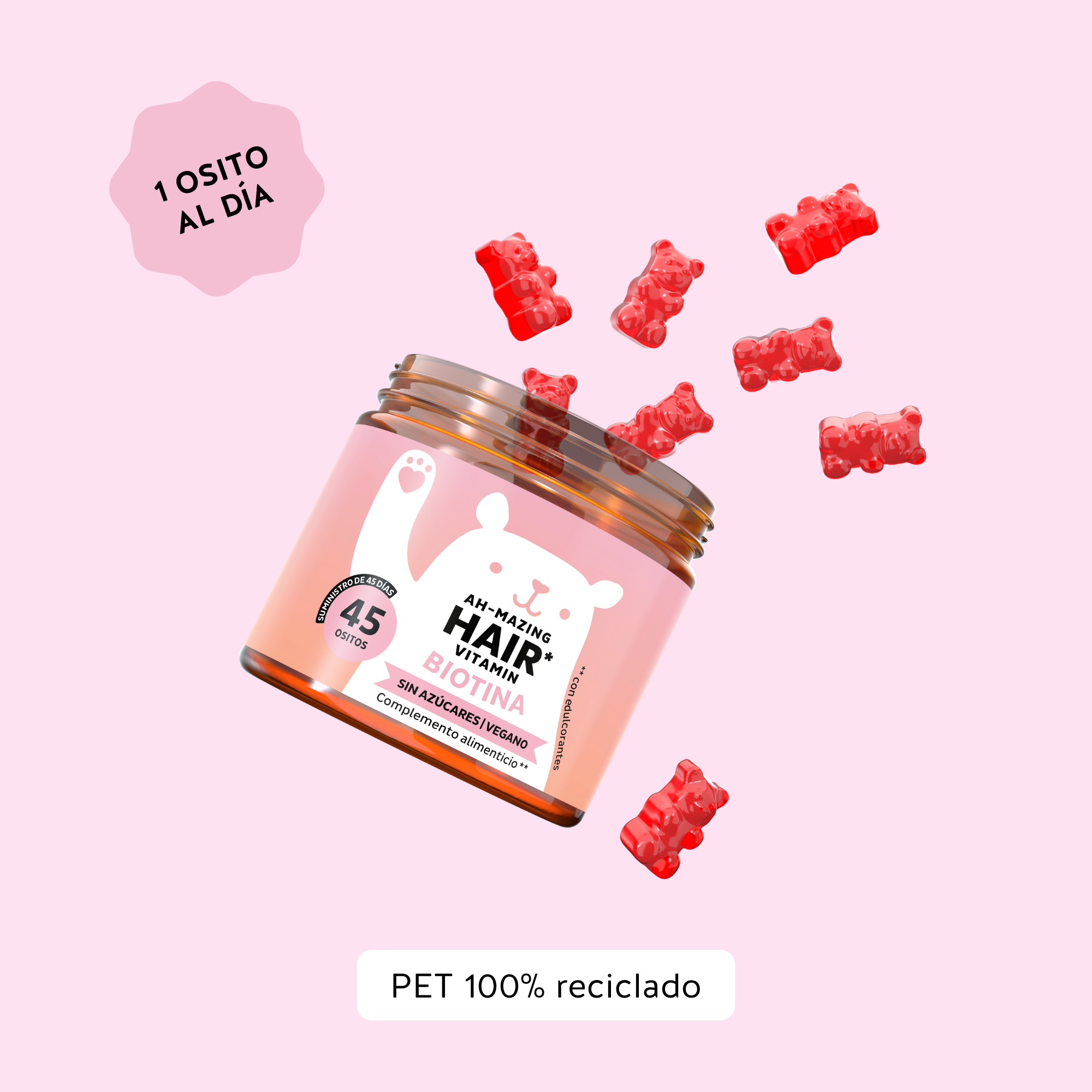 Recomendación de consumo de las vitaminas Ah-Mazing Hair de Bears with Benefits: 1 osito al día. Bote de 45 unidades.