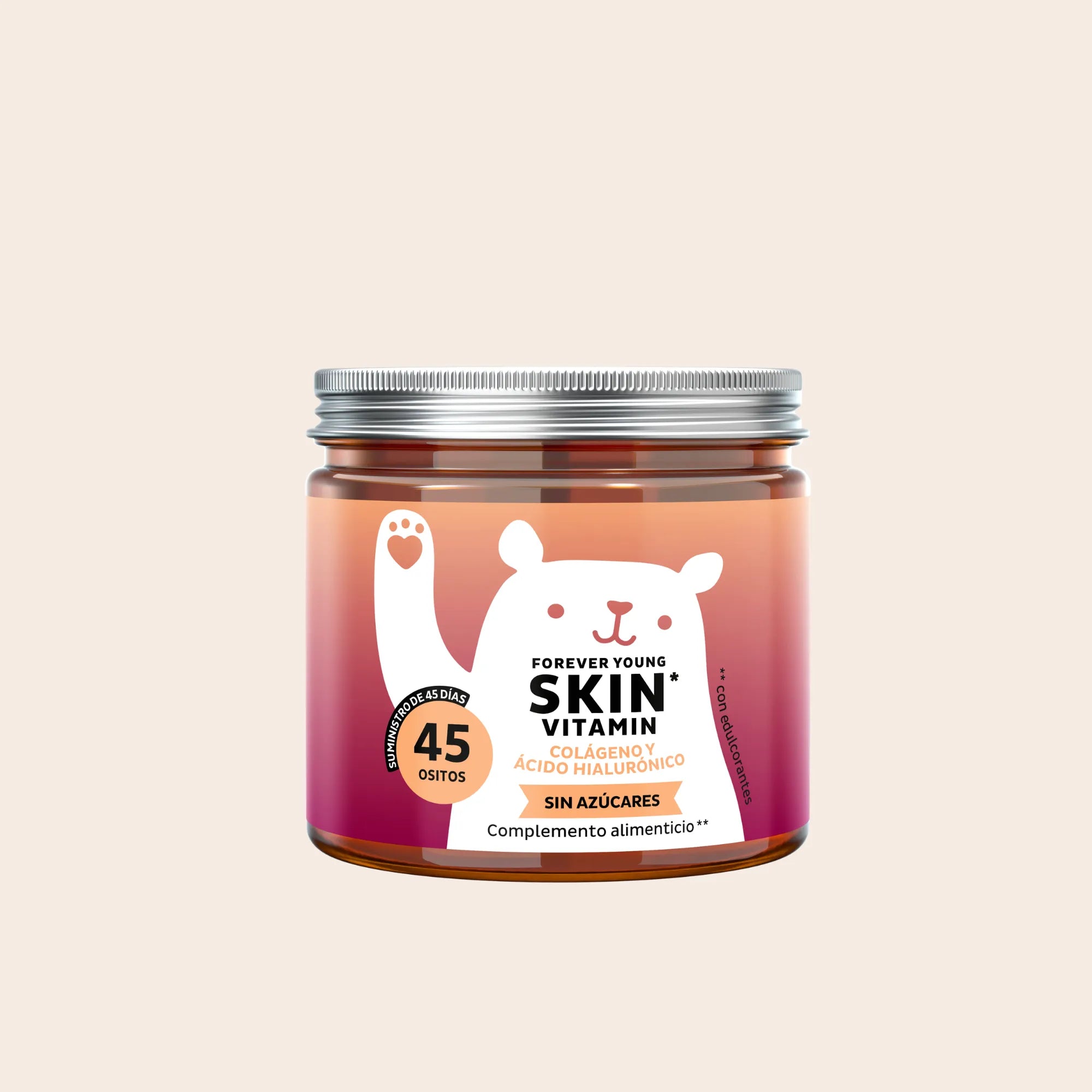 Bears with Benefits Forever Young Skin – Gominolas con péptidos de colágeno, ácido hialurónico y coenzima Q10 para apoyar la firmeza, elasticidad e hidratación de la piel desde el interior, 45 ositos sabor cereza.