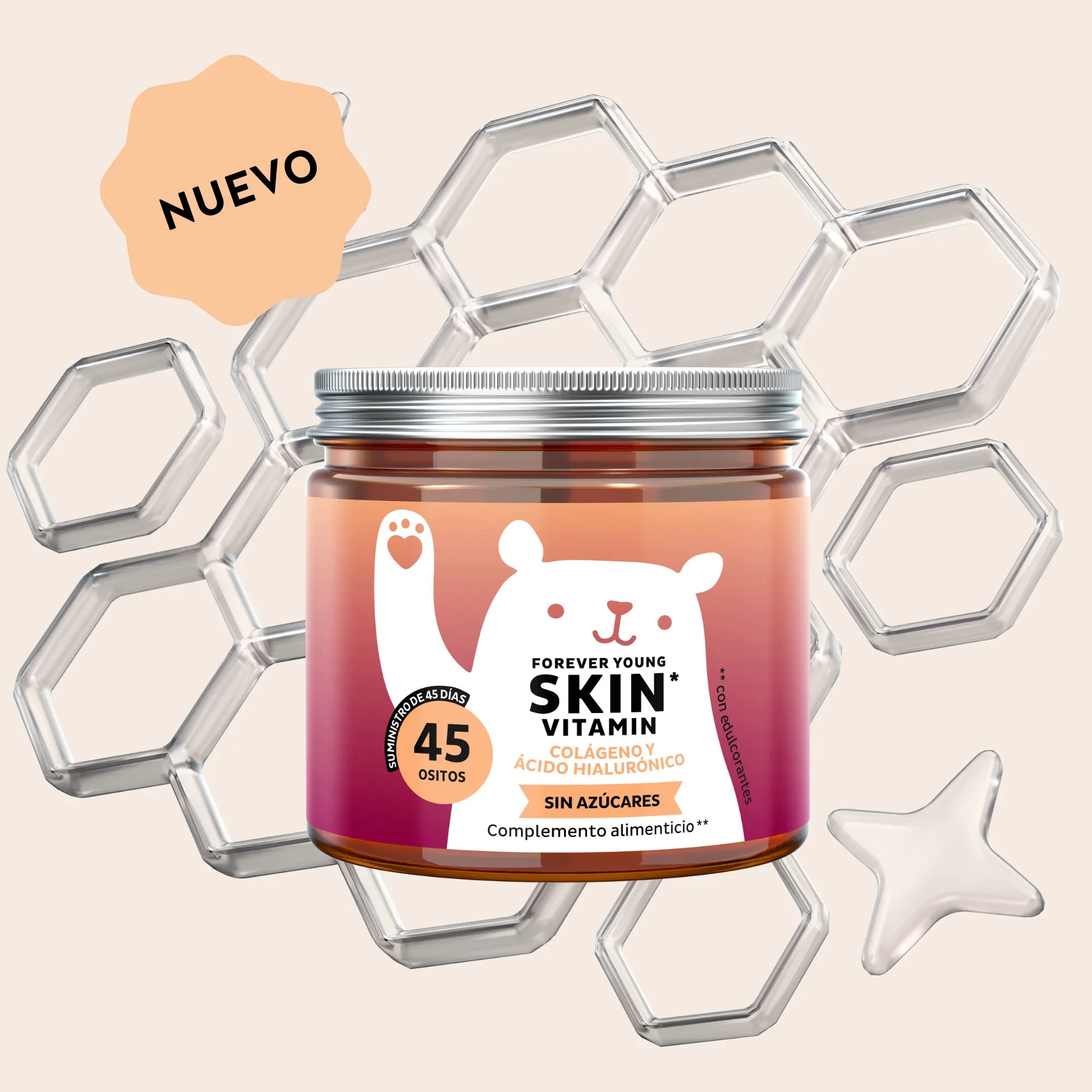Imagen del bote de 45 unidades de las vitaminas Forever Young Skin de Bears with Benefits en formato de gominolas, diseñadas para apoyar la belleza de la piel desde el interior.