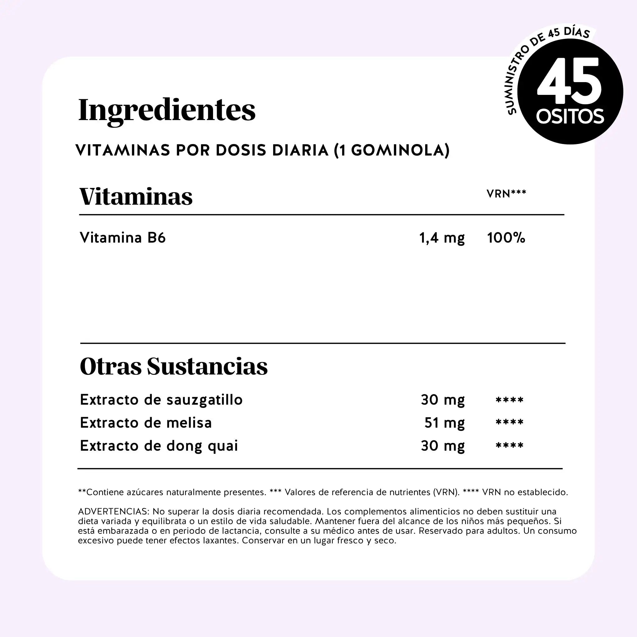 Bears with Benefits Femtastic PMS – Gominolas para el bienestar femenino con lista completa de ingredientes, vitamina B6, pimienta de monje, melisa, dong quai y valores nutricionales detallados.
