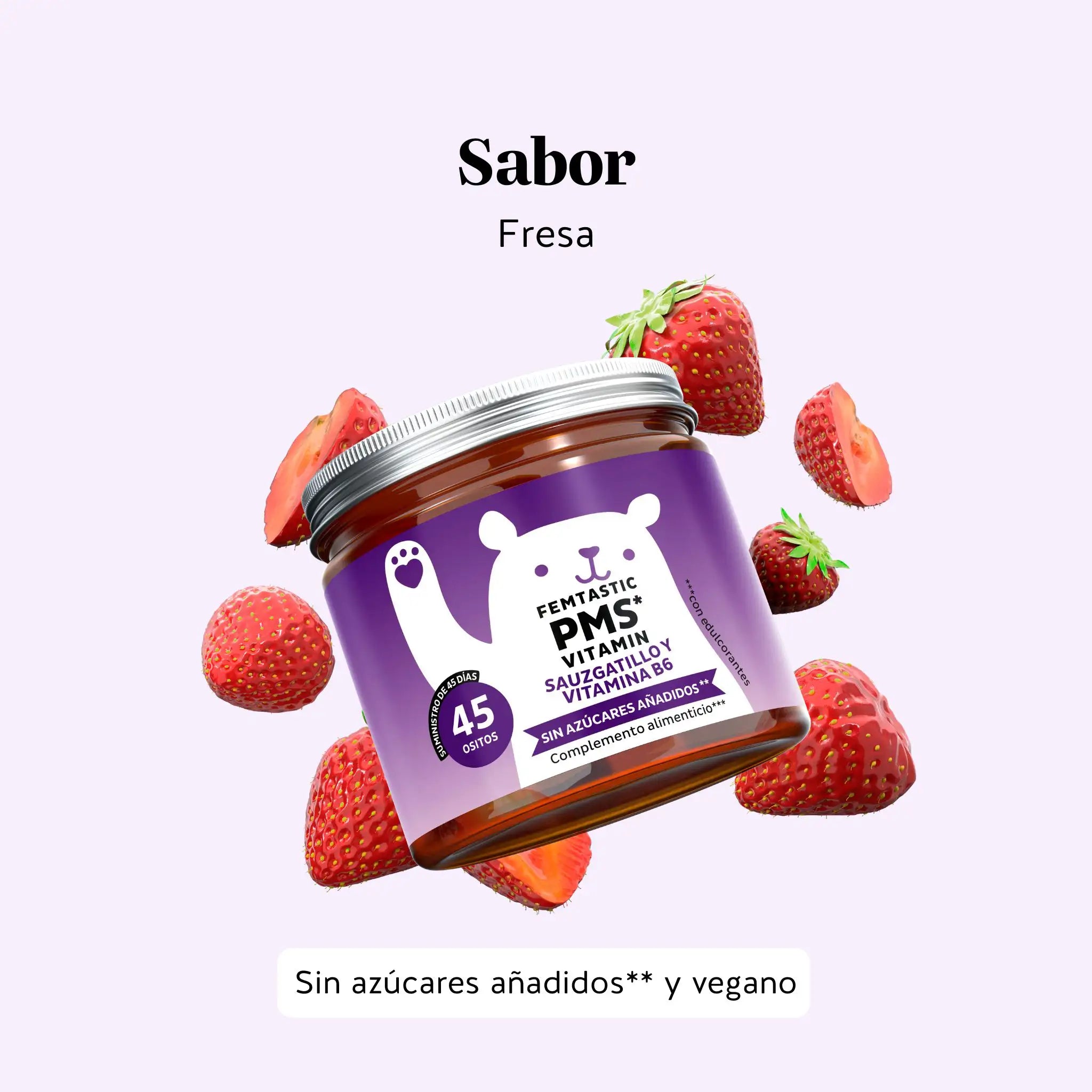 Bears with Benefits Femtastic PMS – Gominolas sabor fresa con ingredientes botánicos y vitamina B6 para el bienestar femenino, agradables, fáciles de tomar y perfectas para la rutina diaria, 45 ositos.