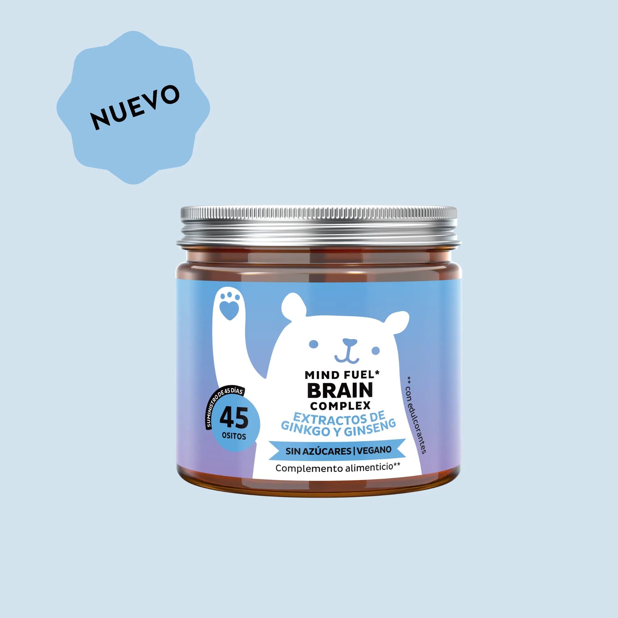 Bears with Benefits Mind Fuel* Brain Complex – Gominolas veganas con ginseng, ginkgo biloba, L-teanina y vitaminas B para apoyar concentración, memoria y rendimiento mental, 45 ositos sin azúcar con sabor natural a frambuesa.