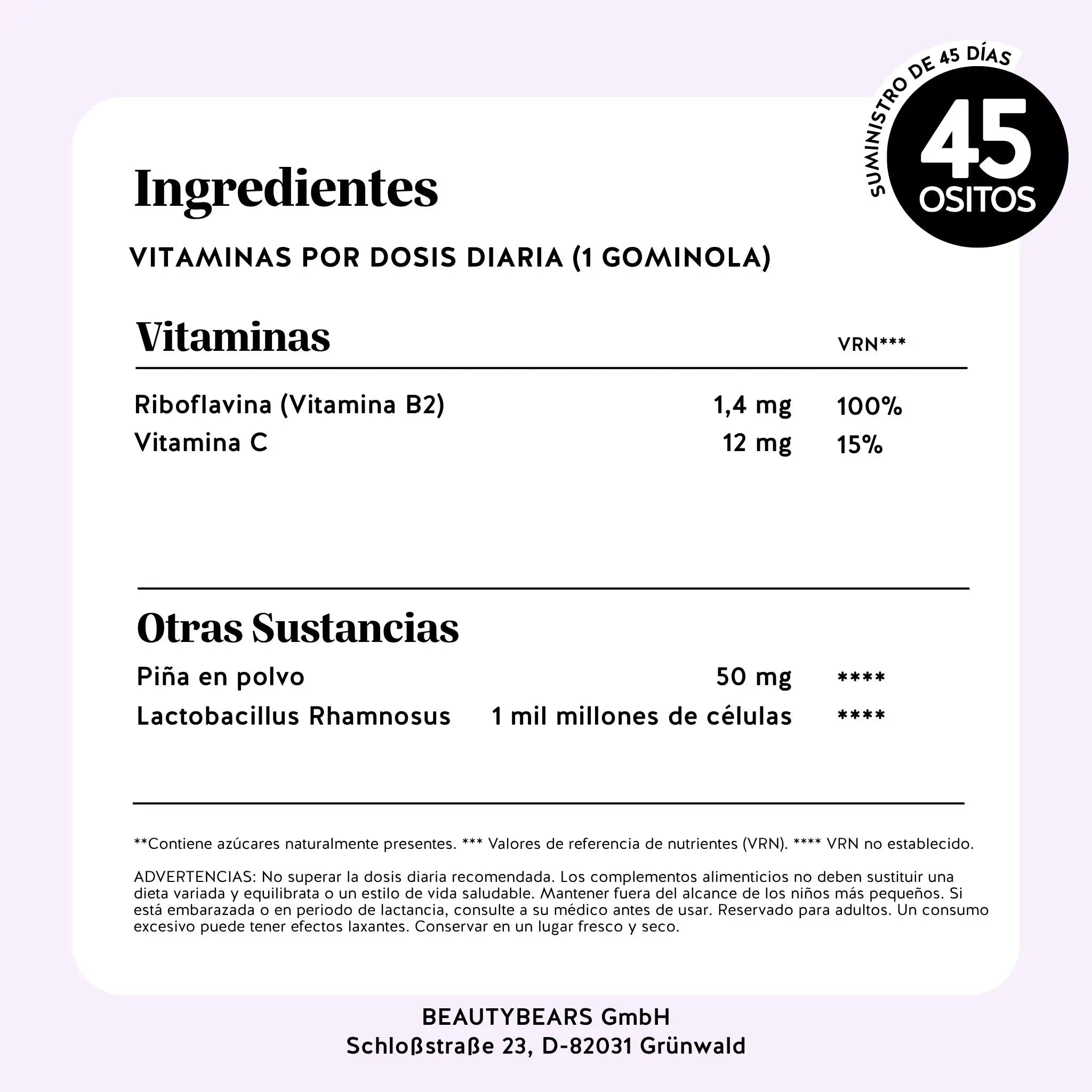 Lista completa de ingredientes naturales de las gominolas Intimate Flora Balance de Bears with Benefits, diseñadas para cuidar la flora vaginal.