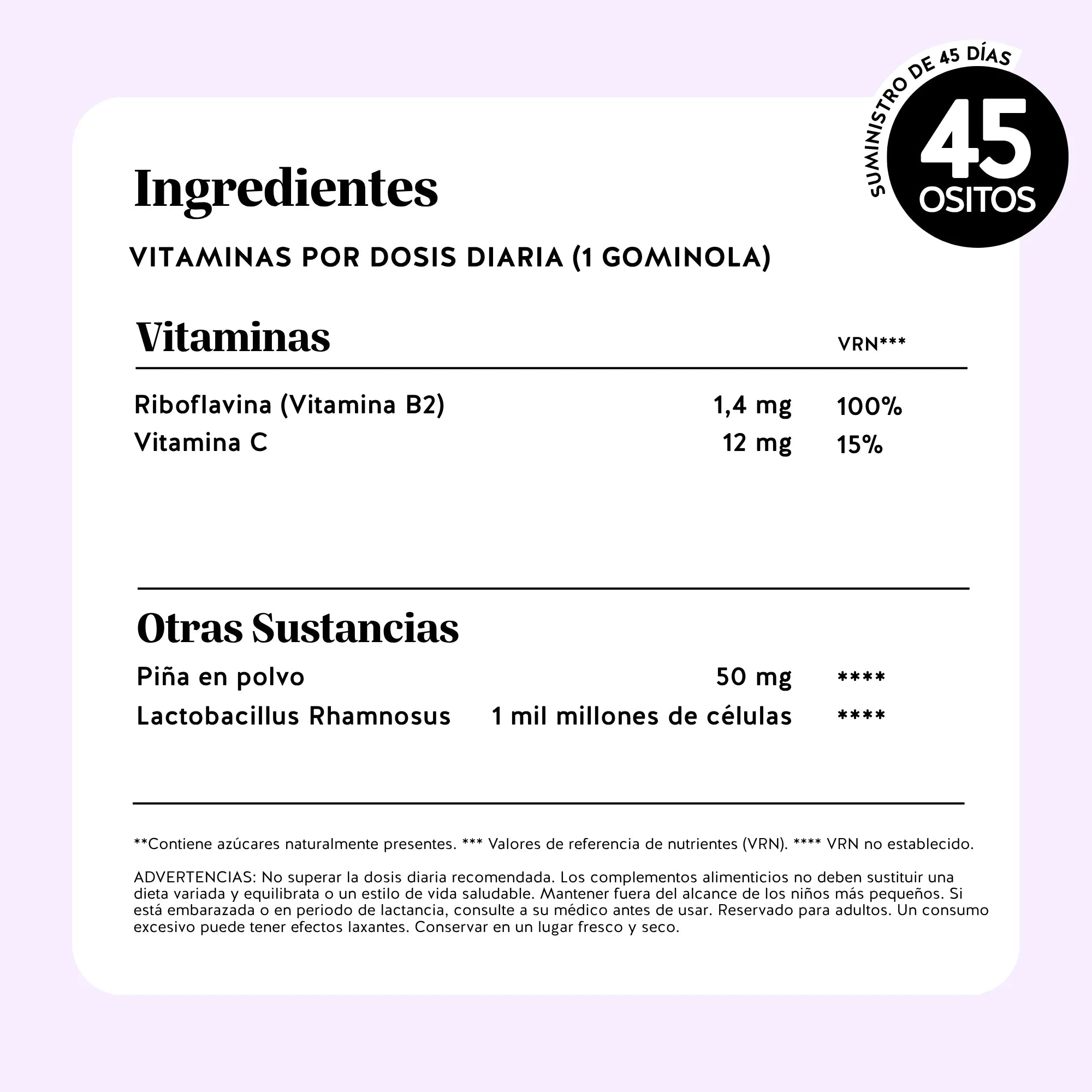 Bears with Benefits Intimate Balance Flora – Gominolas probióticas con lista completa de ingredientes, vitamina C, riboflavina, Lactobacillus rhamnosus y valores nutricionales detallados.