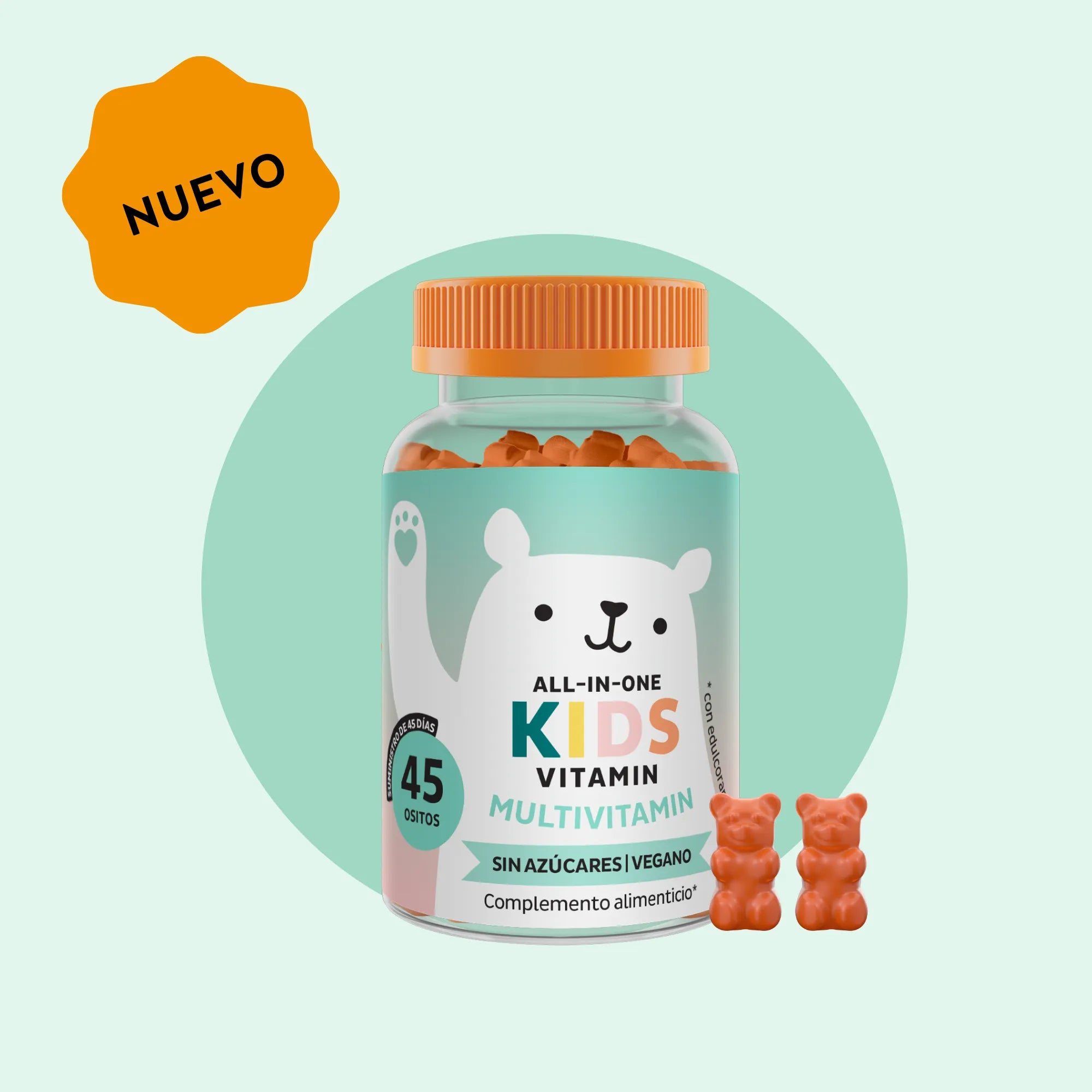 Imagen del bote de 45 unidades de las vitaminas All In One Kids de Bears with Benefits en formato de gominolas veganas, diseñadas para apoyar el crecimiento y el bienestar diario de los niños.