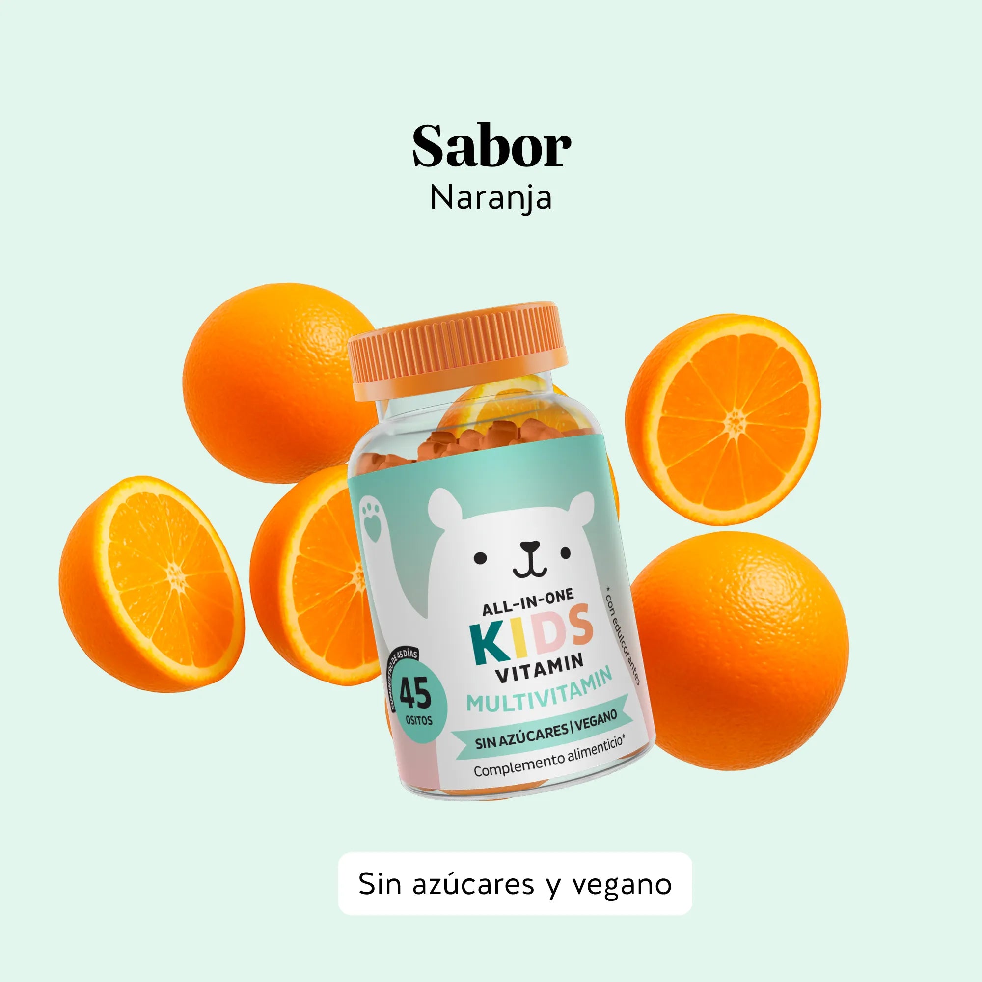 Sabor natural a naranja de las gominolas All In One Kids de Bears with Benefits, agradables y fáciles de consumir. Bote de 45 unidades.