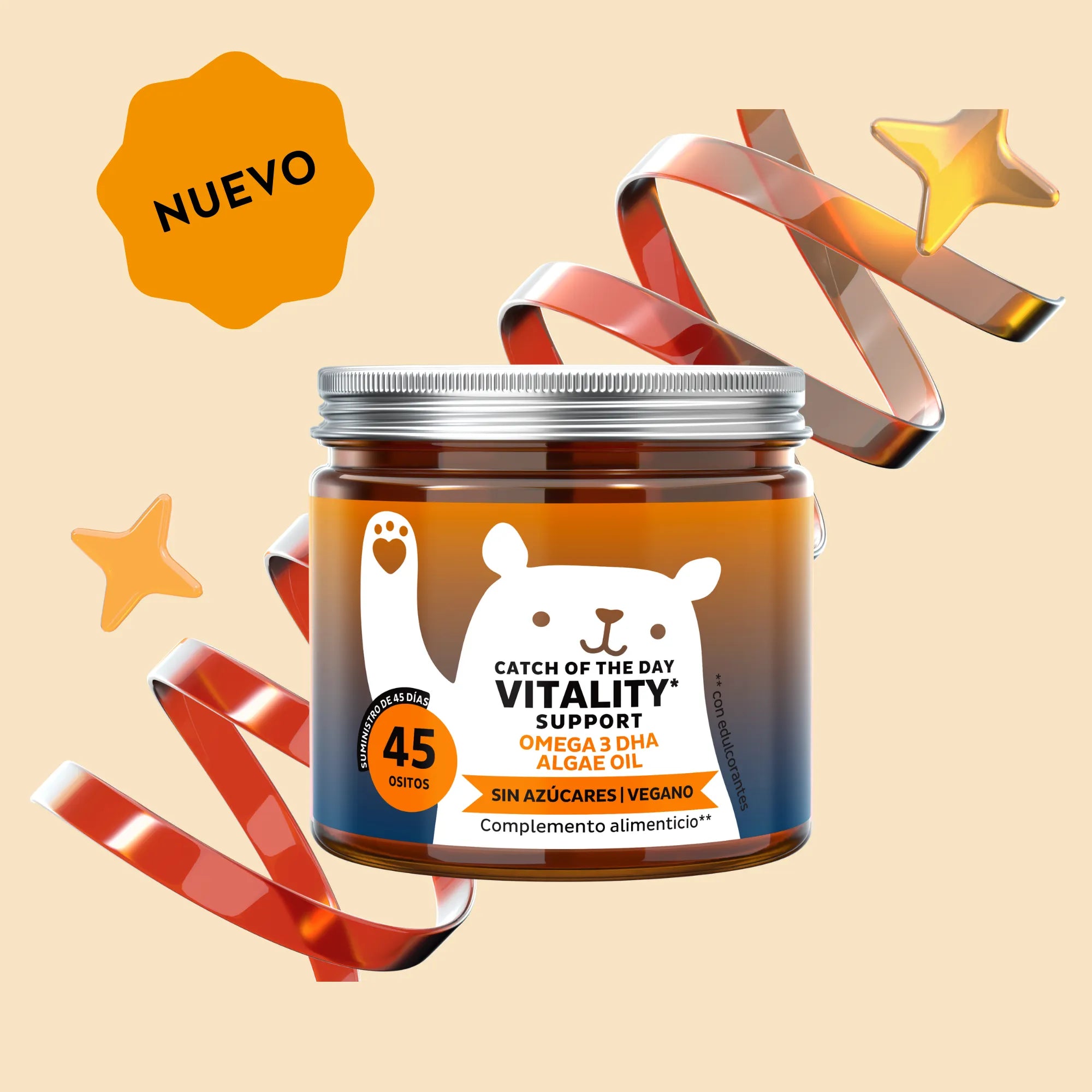 Imagen del bote de 45 unidades de Catch of the Day Vitality Support con Omega 3 DHA y vitamina C de Bears with Benefits en formato de gominolas, diseñado para apoyar la vitalidad y el bienestar general.