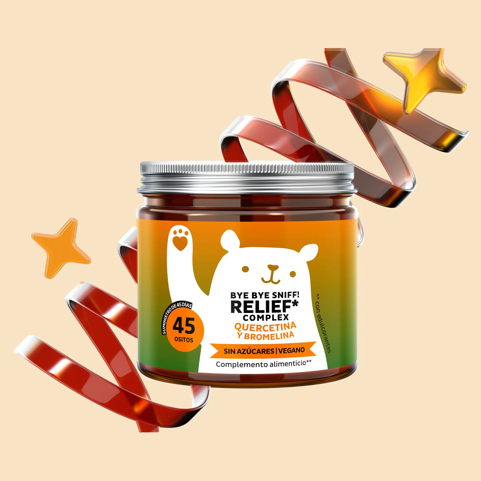 Imagen del bote de 45 unidades de Bye Bye Sniff! Relief Complex con quercetina y bromelina de Bears with Benefits en formato de gominolas, diseñado para apoyar el sistema inmunitario y el bienestar diario.