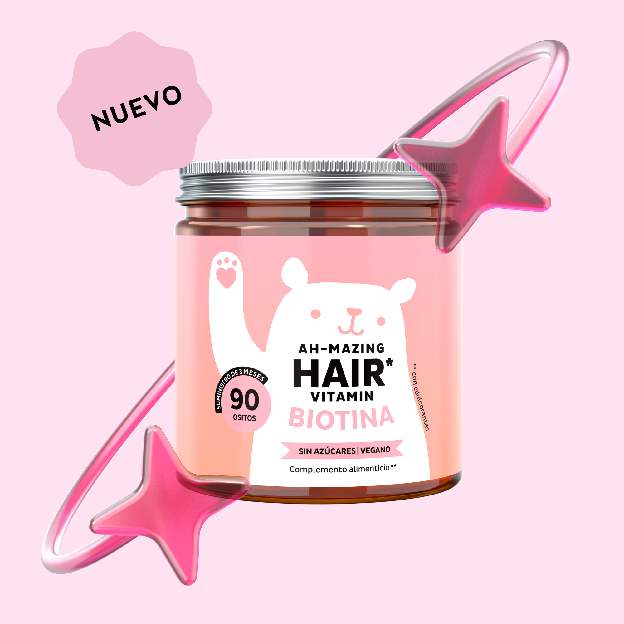Imagen del bote de 90 unidades de las vitaminas Ah-Mazing Hair de Bears with Benefits en formato de gominolas veganas, diseñadas para apoyar el cabello, la piel y las uñas.