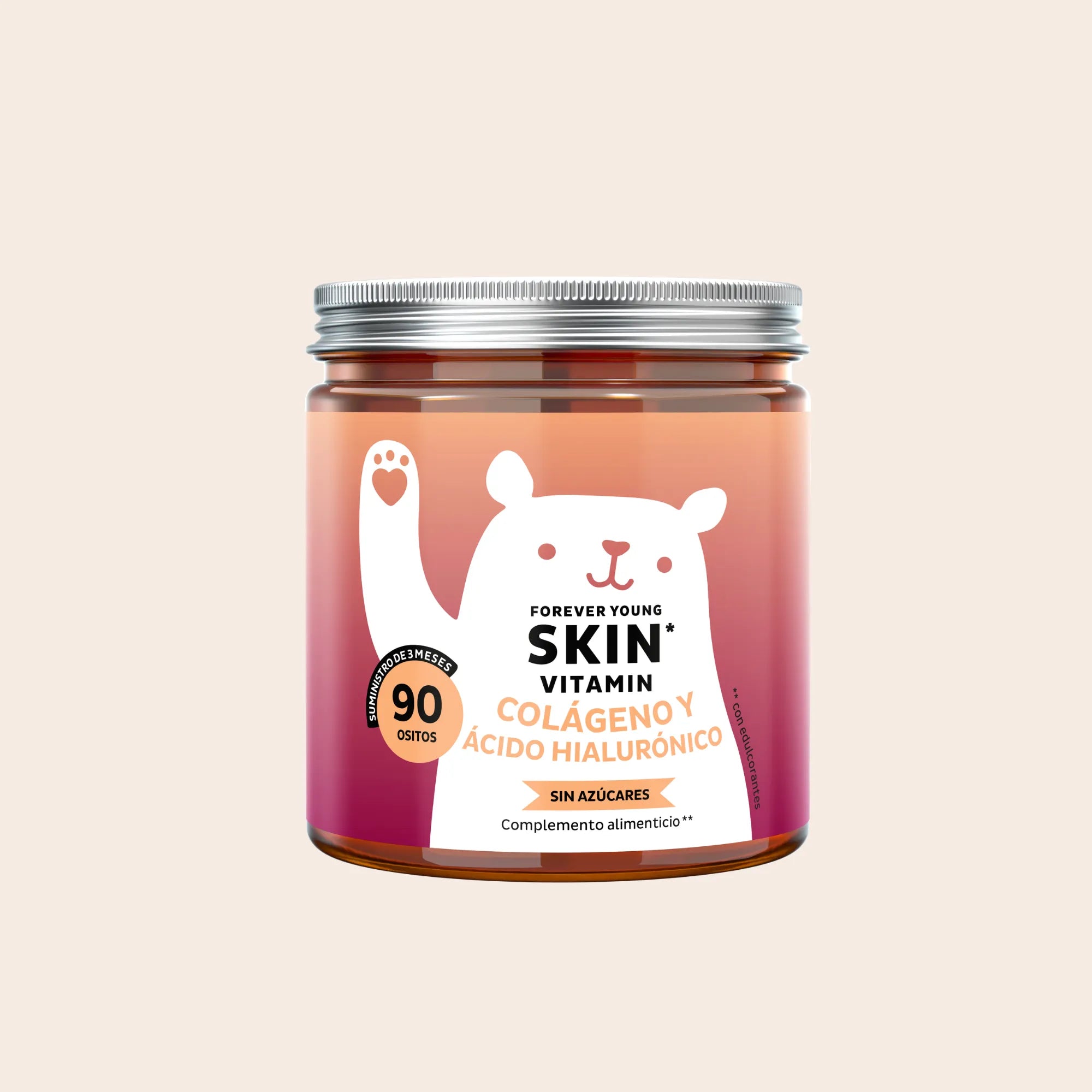 Bears with Benefits Forever Young Skin – Gominolas para el cuidado de la piel con colágeno, ácido hialurónico y vitaminas antioxidantes para favorecer una piel más firme, hidratada y luminosa, 90 ositos sabor cereza.