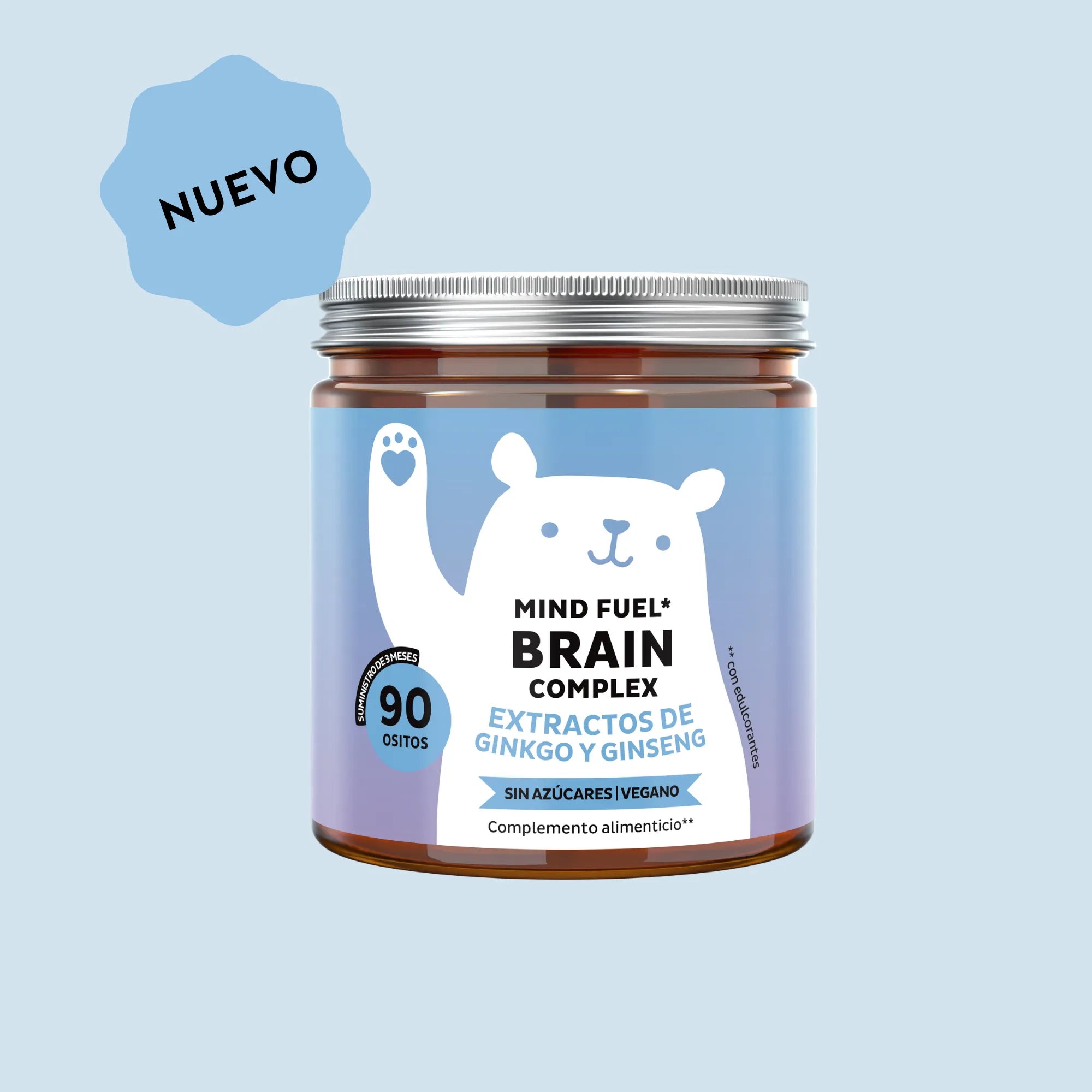 Bears with Benefits Mind Fuel* Brain Complex – Gominolas veganas con ginseng, ginkgo biloba, L-teanina y vitaminas B para apoyar concentración, memoria y rendimiento mental, 90 ositos sin azúcar con sabor natural a frambuesa.