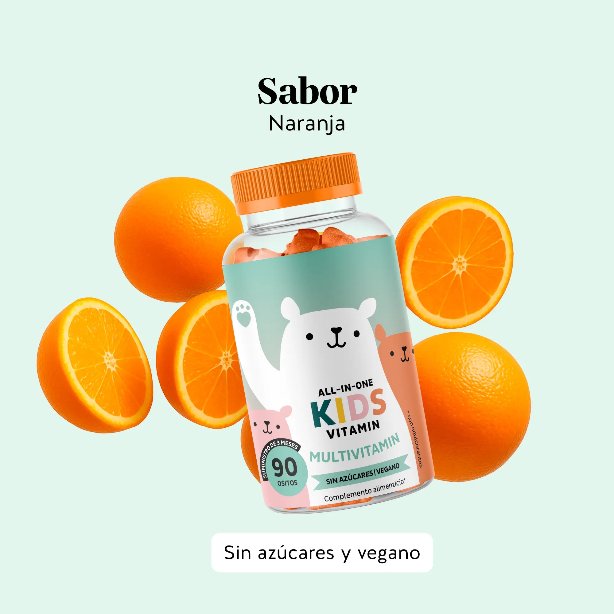 Sabor natural a naranja de las gominolas All In One Kids de Bears with Benefits, agradables y fáciles de consumir. Bote de 90 unidades.