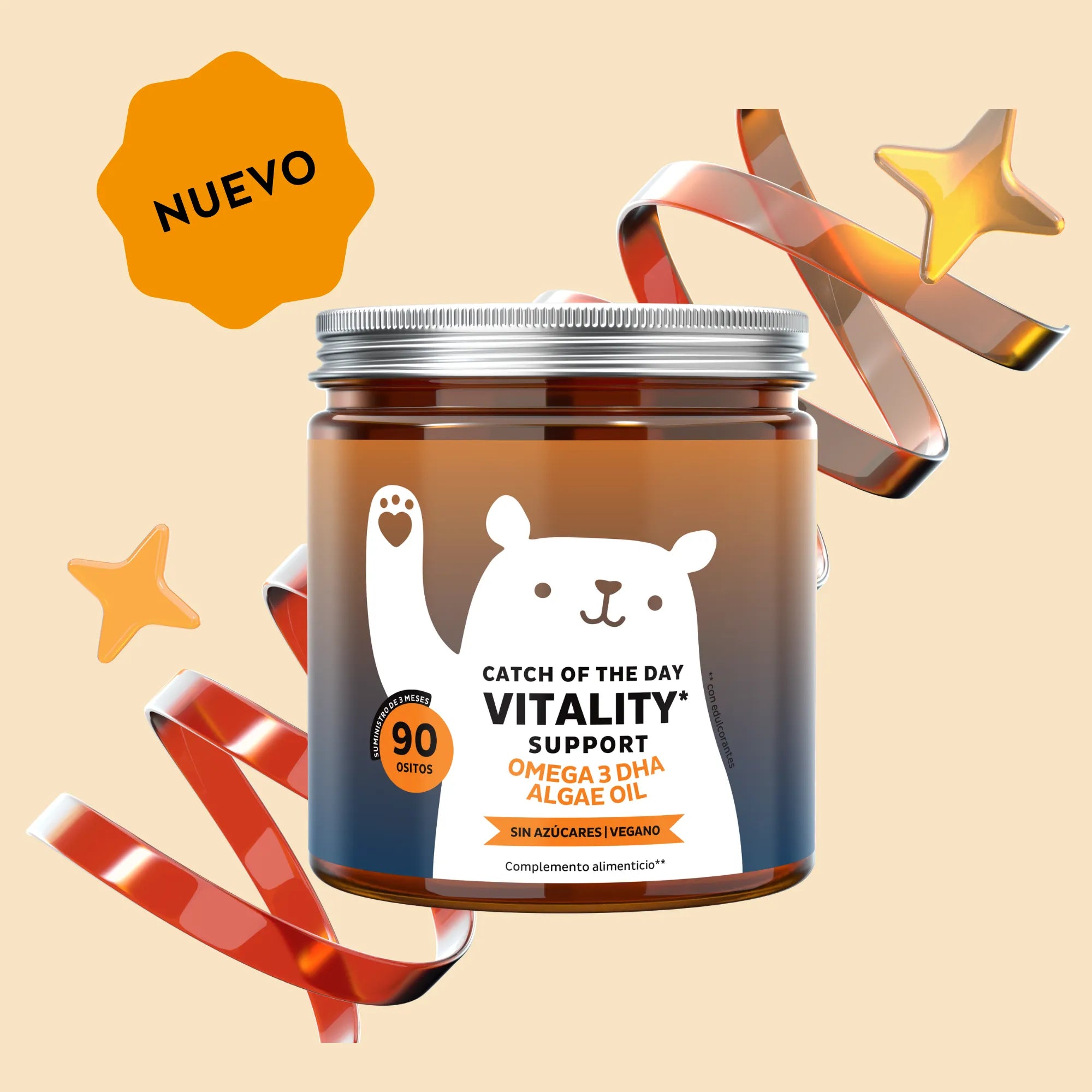 Imagen del bote de 90 unidades de Catch of the Day Vitality Support con Omega 3 DHA y vitamina C de Bears with Benefits en formato de gominolas, diseñado para apoyar la vitalidad y el bienestar general.
