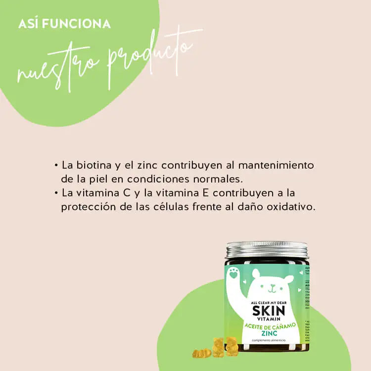 Así actúan los ositos All Clear My Dear con aceite de canamo: La biotina y el zinc contribuyen al mantenimiento de la piel en condiciones normales, la vitamina C y la vitamina E contribuyen a la proteccion de las celulas frente al dano oxidativo.