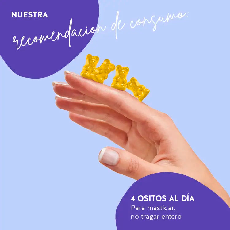 Esta imagen muestra la ingesta recomendada para los ositos You Glow, Girl Skin con biotina, zinc y hialurón. 4 piezas al día - para masticar, no tragar entero.