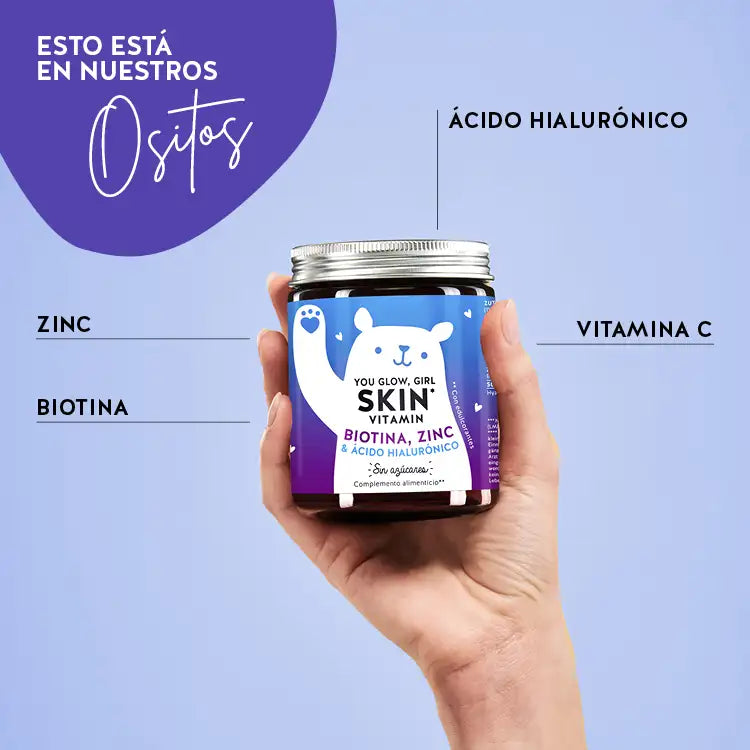 Esta foto muestra los ingredientes de You Glow, Girl Skin with Biotin, Zinc y Hialurón de Bears with Benefits. Ácido hialurónico, zinc, biotina y vitamina C.