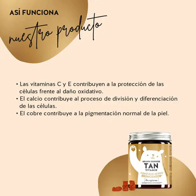 Así actúan los ositos Golden Goddess Tan con betacaroteno: Las vitaminas C y E ayudan a proteger las células del daño oxidativo, el calcio apoya el proceso de división y especialización celular, y el cobre contribuye a la pigmentación normal de la piel.