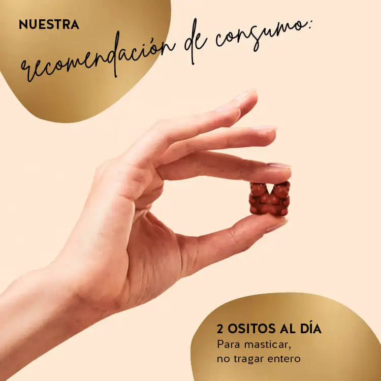 Esta imagen muestra la ingesta recomendada para los ositos Golden Goddess Tan con betacaroteno. 2 ositos al día - para masticar, no tragar entero.