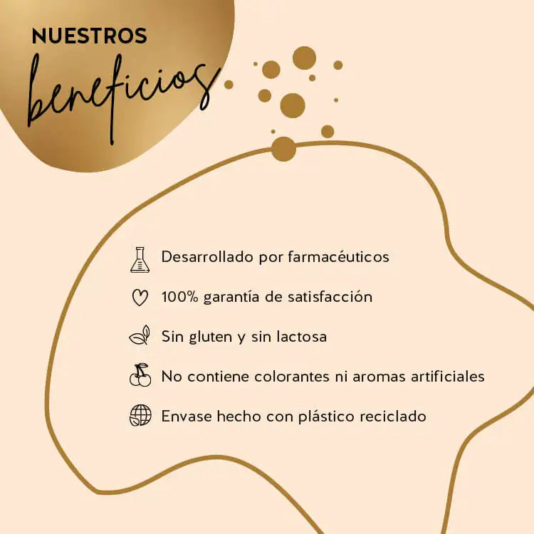 Esta imagen muestra los beneficios del producto Golden Goddess Tan de Bears with Benefits. Desarrollado por farmacéuticos, garantía de satisfacción del 100%, alta biodisponibilidad, sin gluten ni lactosa, sin colorantes ni aromas artificiales, PET reciclado para el medio ambiente.