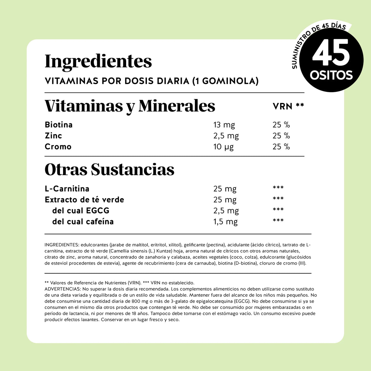 Bears with Benefits Burn Baby Burn Vitamin – Lista de ingredientes de las gominolas veganas con cromo, biotina, zinc, L-carnitina y té verde, 45 o 90 ositos sabor limón.