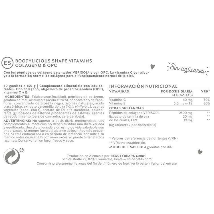 Lista de ingredientes del producto vitaminas Bootylicious Shape de Bears with Benefits.