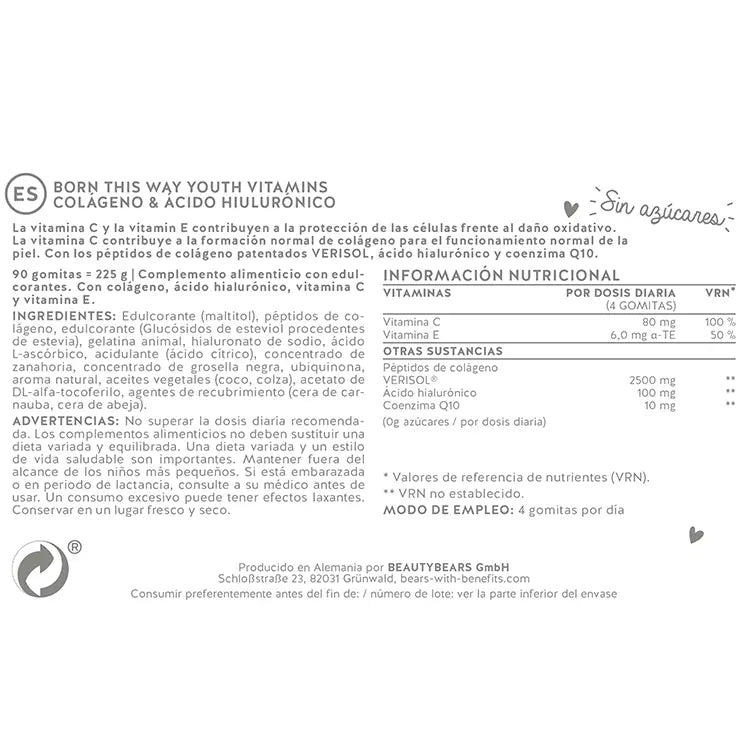 Estos ingredientes y nutrientes se encuentran en las vitaminas Born This Way Youth de Bears with Benefits.