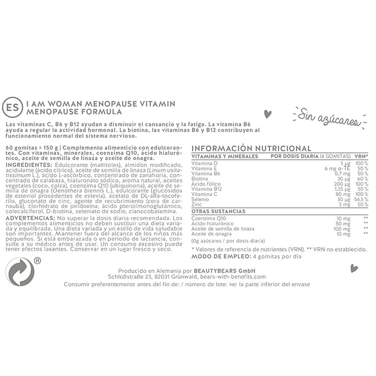 Lista de ingredientes y nutrientes que se encuentran en las Vitaminas para la Menopausia Soy Mujer de Osos con Beneficios
