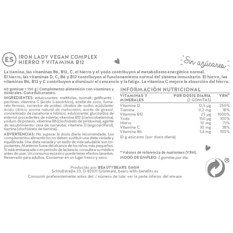 Estas vitaminas y nutrientes están en el Complejo Vegano de Vitaminas Iron Lady.