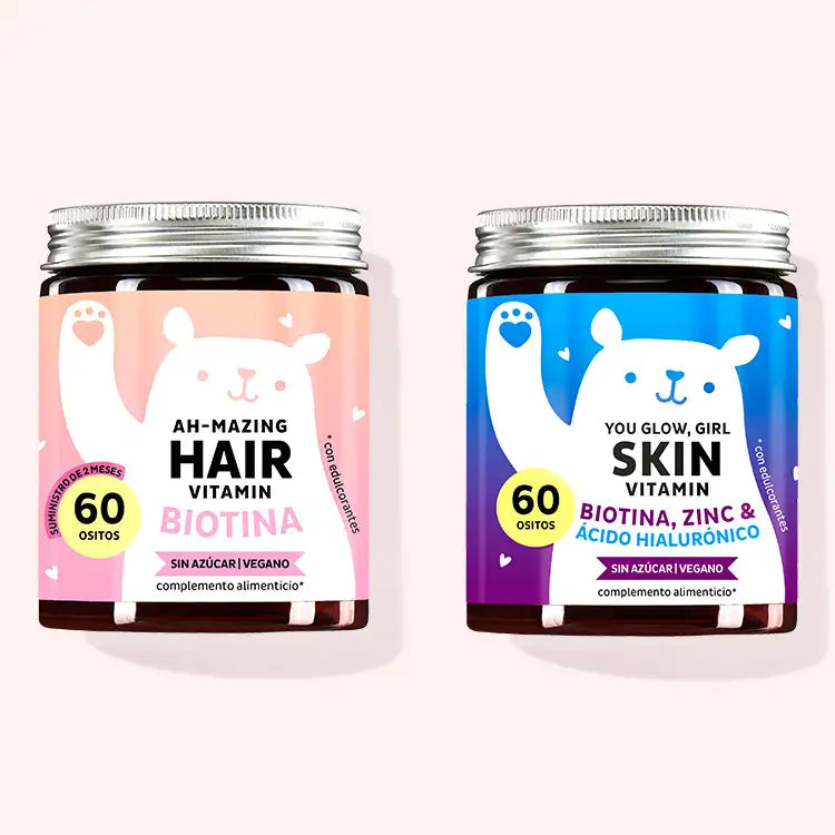 Set de Duo para piel y cabello estresados de Bears with Benefits compuesto por las Vitaminas Capilares Ah-Mazing con Biotina y las Vitaminas You Glow, Girl con Hialurón.