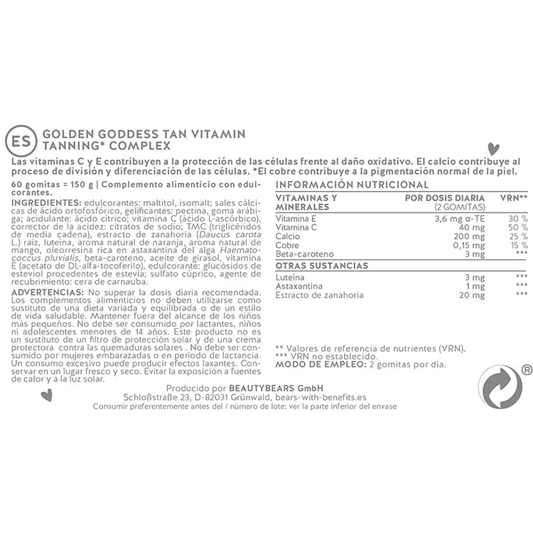 La lista de ingredientes de los ositos Golden Goddess Tan con betacaroteno.