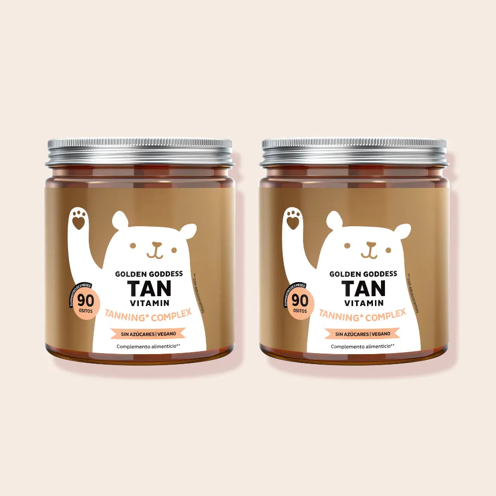 Bears with Benefits Golden Goddess Tan Vitamin Tanning* Complex – Pack de 2 botes con 180 gominolas veganas con betacaroteno, cobre y vitaminas antioxidantes para una rutina prolongada de belleza y bronceado natural.