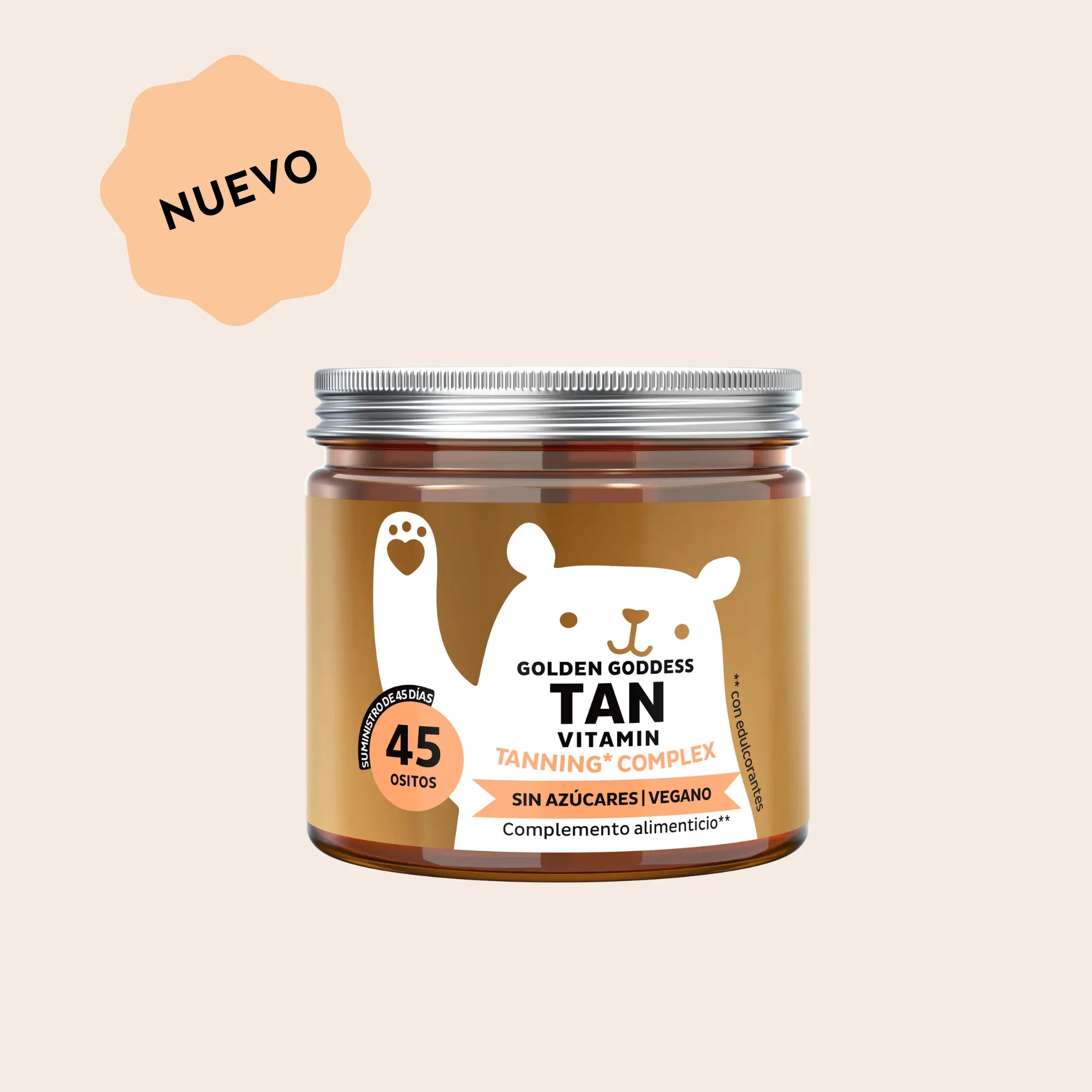 Bears with Benefits Golden Goddess Tan Vitamin Tanning* Complex – Gominolas veganas con betacaroteno, vitaminas C, D y E, cobre y luteína para una piel radiante y un bronceado natural uniforme, 45 ositos sin azúcar con sabor a naranja y mango.