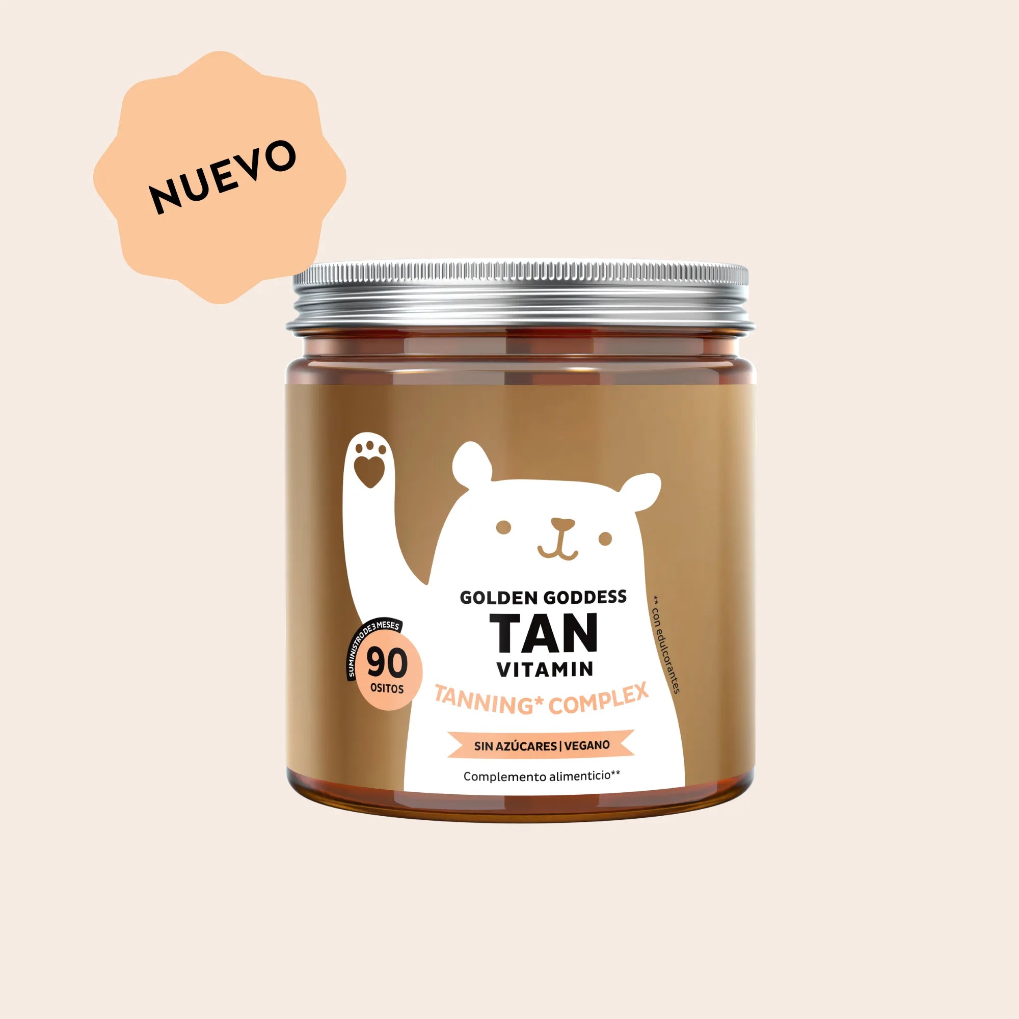 Bears with Benefits Golden Goddess Tan Vitamin Tanning* Complex – Gominolas veganas con betacaroteno, vitaminas C, D y E, cobre y luteína para una piel radiante y un bronceado natural uniforme, 90 ositos sin azúcar con sabor a naranja y mango.