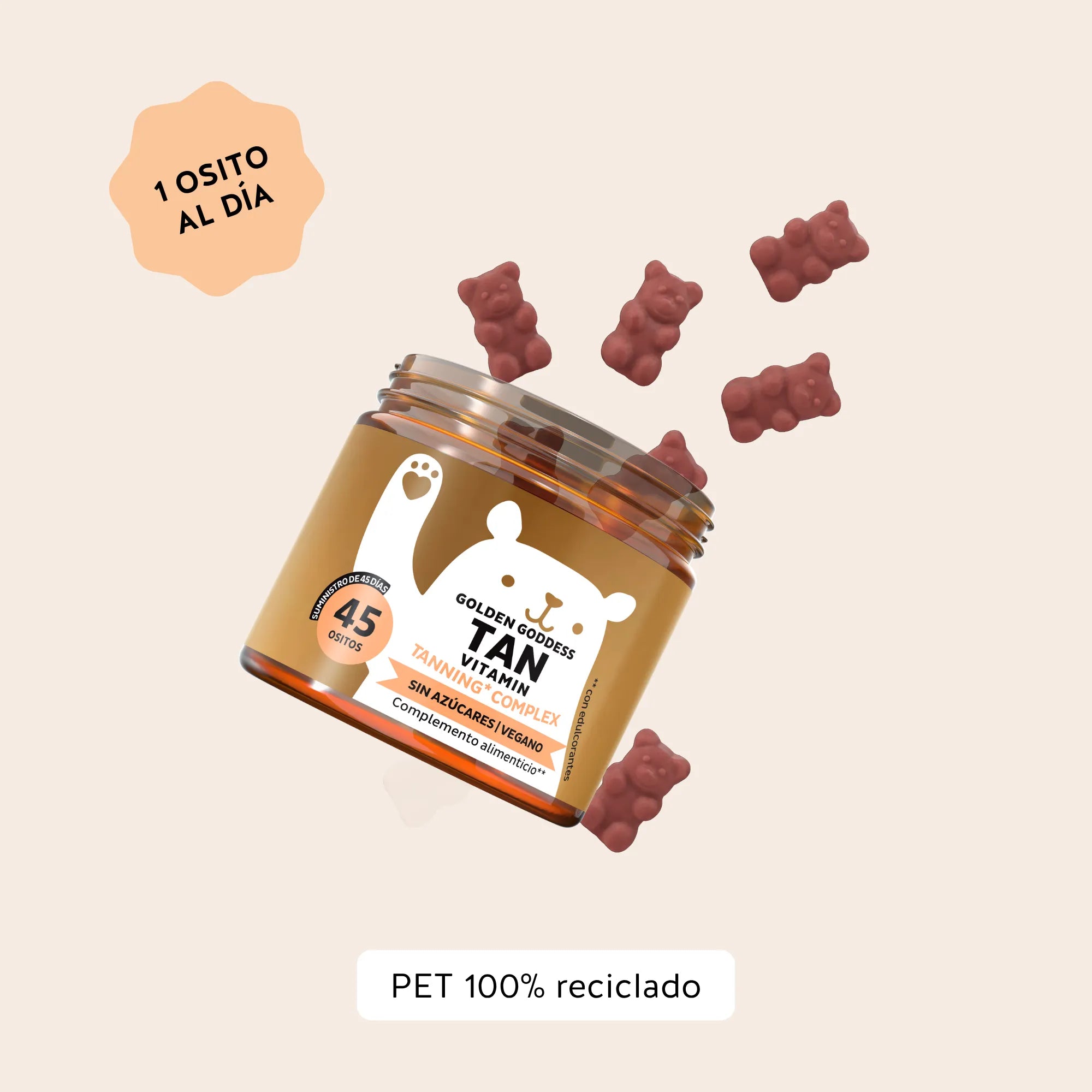 Bears with Benefits Golden Goddess Tan Vitamin Tanning* Complex – Gominolas veganas con betacaroteno y cobre, recomendación de 1 osito al día, bote de 45 unidades con sabor natural a naranja y mango.