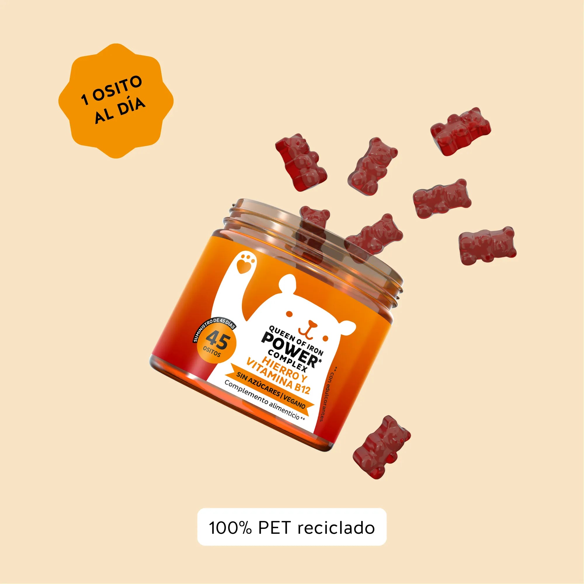 Recomendación de consumo de las vitaminas Queen of Iron Power de Bears with Benefits: 1 osito al día. Bote de 45 unidades.