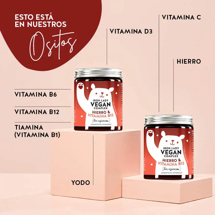 Estas vitaminas y nutrientes están en el Complejo Vegano de Vitaminas Iron Lady: Hierro, Calcio, Zinc, Vitamina B3, Bitamina B2, Vitamina B12, Yodo.