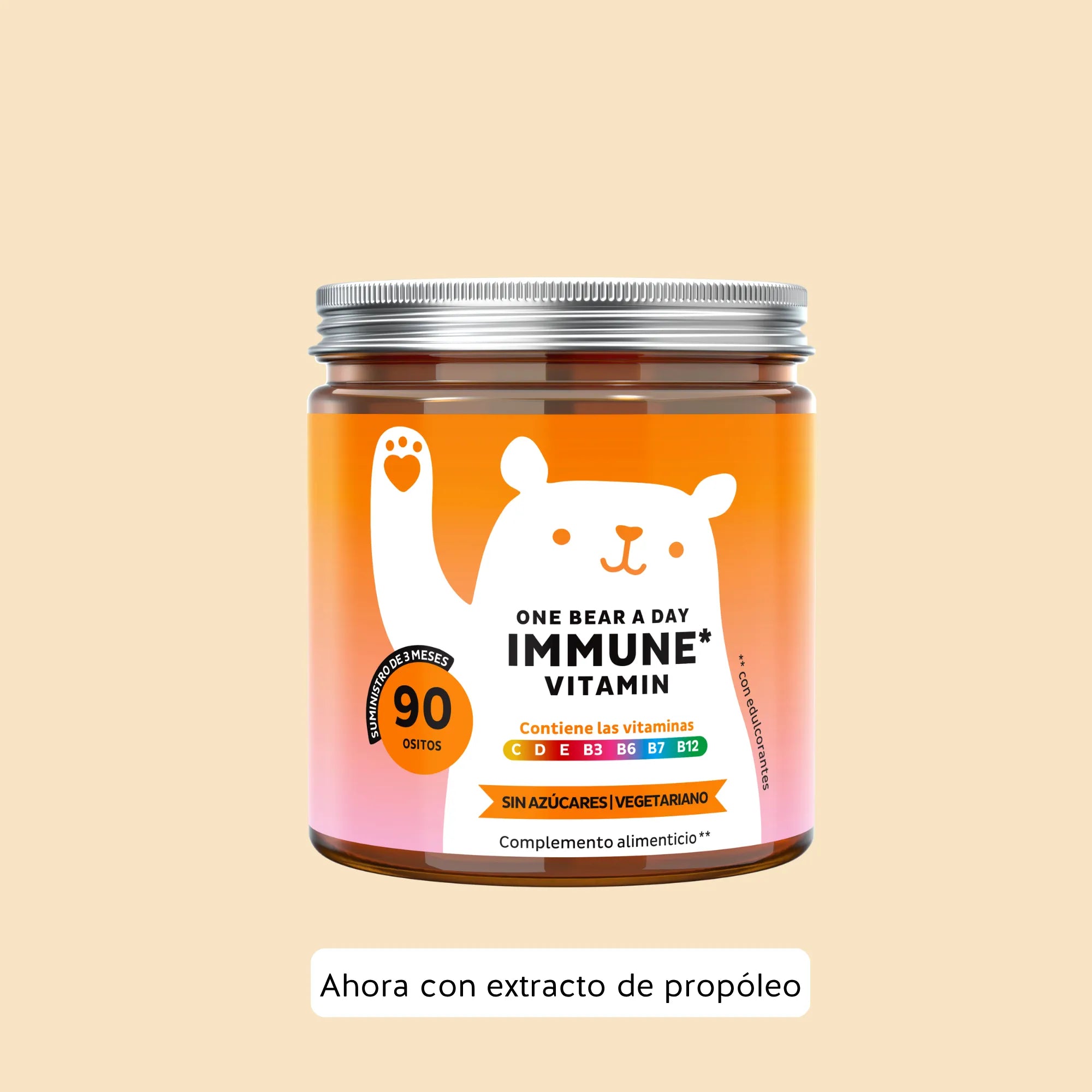 Bears with Benefits One Bear a Day Immune – Gominolas multivitamínicas veganas con vitaminas esenciales y propóleo para contribuir al funcionamiento normal del sistema inmunitario y al bienestar diario, 90 ositos sabor naranja.