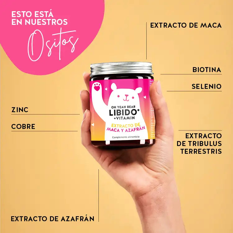 Esta imagen muestra los ingredientes de Oh Yeah Bear Libido con extracto de maca de Bears with Benefits. Extracto de maca, zinc, cobre, selenio, biotina, extracto de azafrán, extracto de tribulus terrestris.