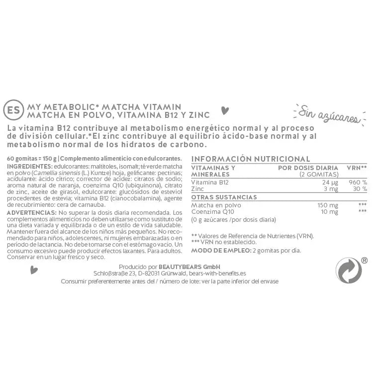 Lista de ingredientes de el producto My Metabolic Matcha para más energía y acelerar el metabolismo.