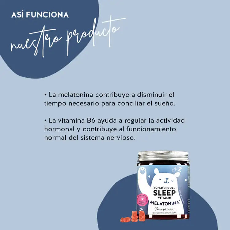 Así funcionan las Vitaminas del Sueño Super Snooze con Melatonina: La melatonina es una hormona producida naturalmente en el cuerpo que controla el ritmo día-noche. Con la edad, el cuerpo produce menos melatonina y los problemas de sueño son más frecuentes. La melatonina 30 minutos antes de acostarse acorta el tiempo necesario para conciliar el sueño.