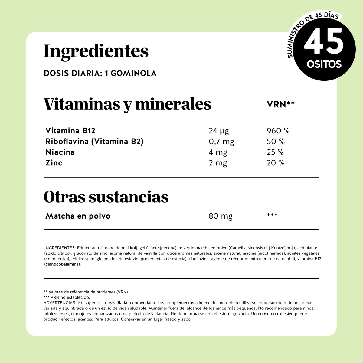 Bears with Benefits My Metabolic Matcha – Gominolas con lista completa de ingredientes, matcha en polvo, vitaminas del grupo B, zinc y valores nutricionales detallados.