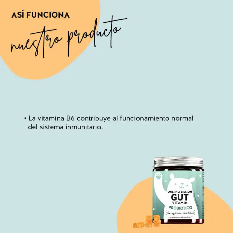 Así funciona One In A Billion Gut Vitamins con inulina, vitamina B6 y Bacillus coagulans: complejo naturalmente equilibrado de Bacillus coagulans e inulina. La vitamina B6 contribuye al funcionamiento normal del sistema inmunitario y ayuda a reducir el cansancio y la fatiga.