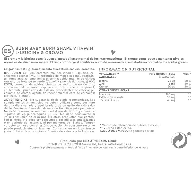 Lista de ingredientes y nutrientes en las vitaminas Burn Baby Burn Shape de Bears with Benefits