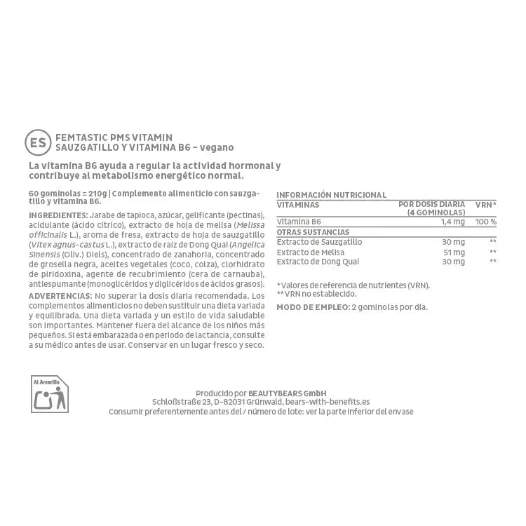 Estos ingredientes y nutrientes están en las Vitaminas Femtastic PMS de Bears with Benefits.