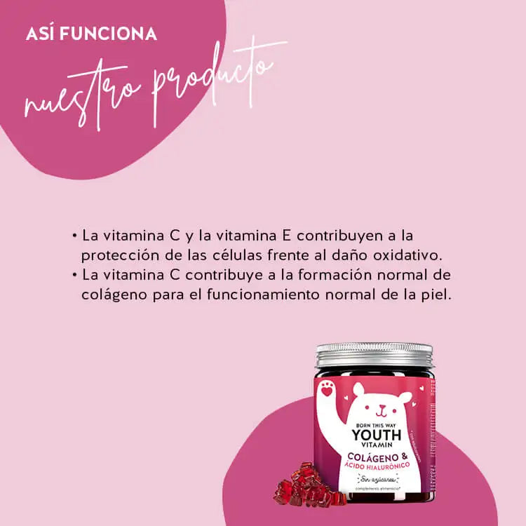 Así actúa Born This Way Youth Vitamin con Colágeno: El colágeno hidrata la piel y le proporciona un aspecto joven y terso.