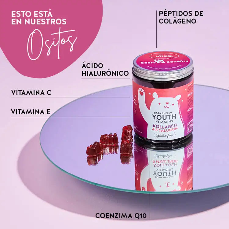 Estos ingredientes y nutrientes se encuentran en las vitaminas Born This Way Youth de Bears with Benefits: hialurón, colágeno, coenzima Q10, vitamina E y vitamina C.